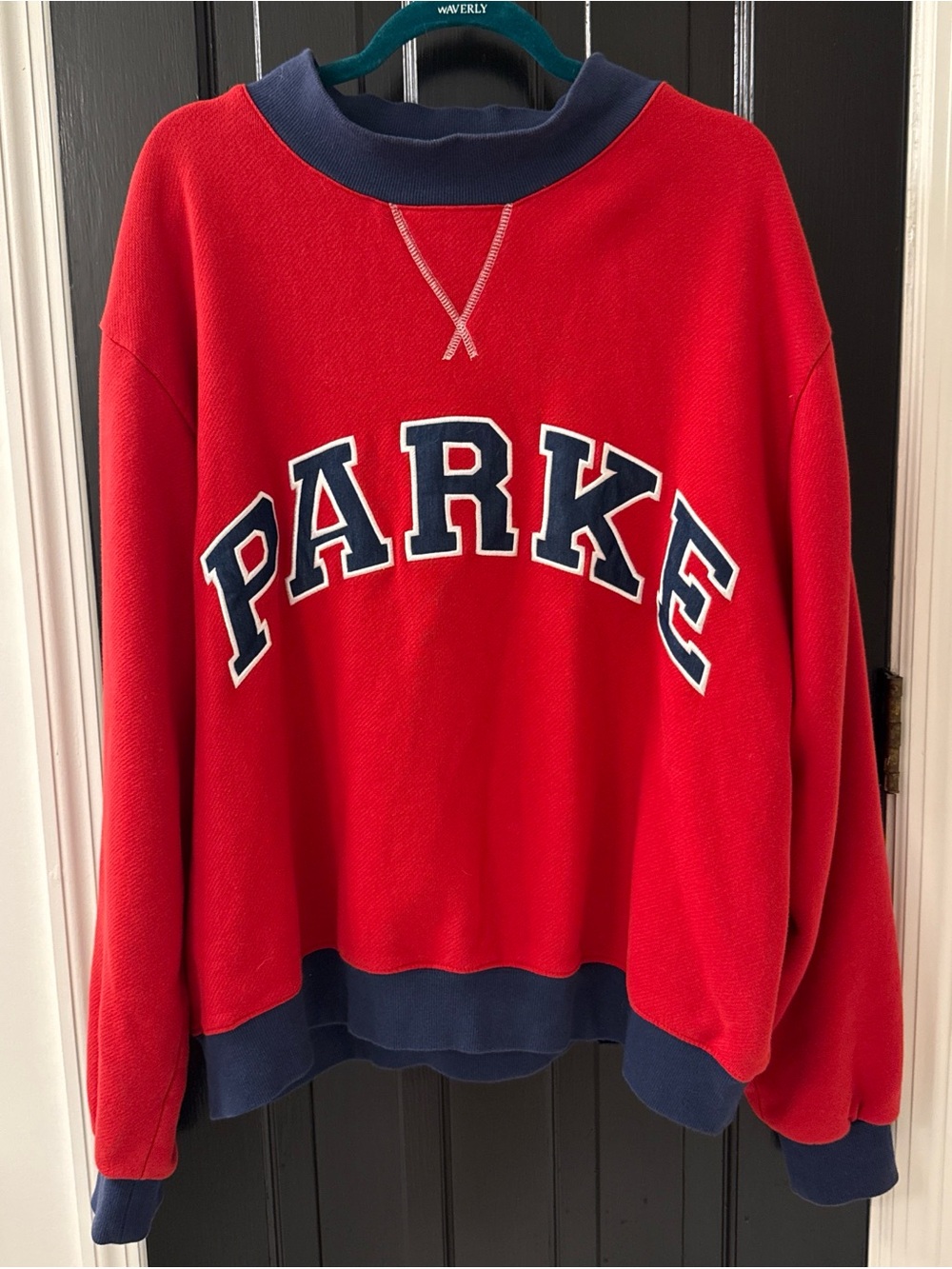 Red 'PARKE' Crewneck Sweatshirt with Navy Trim